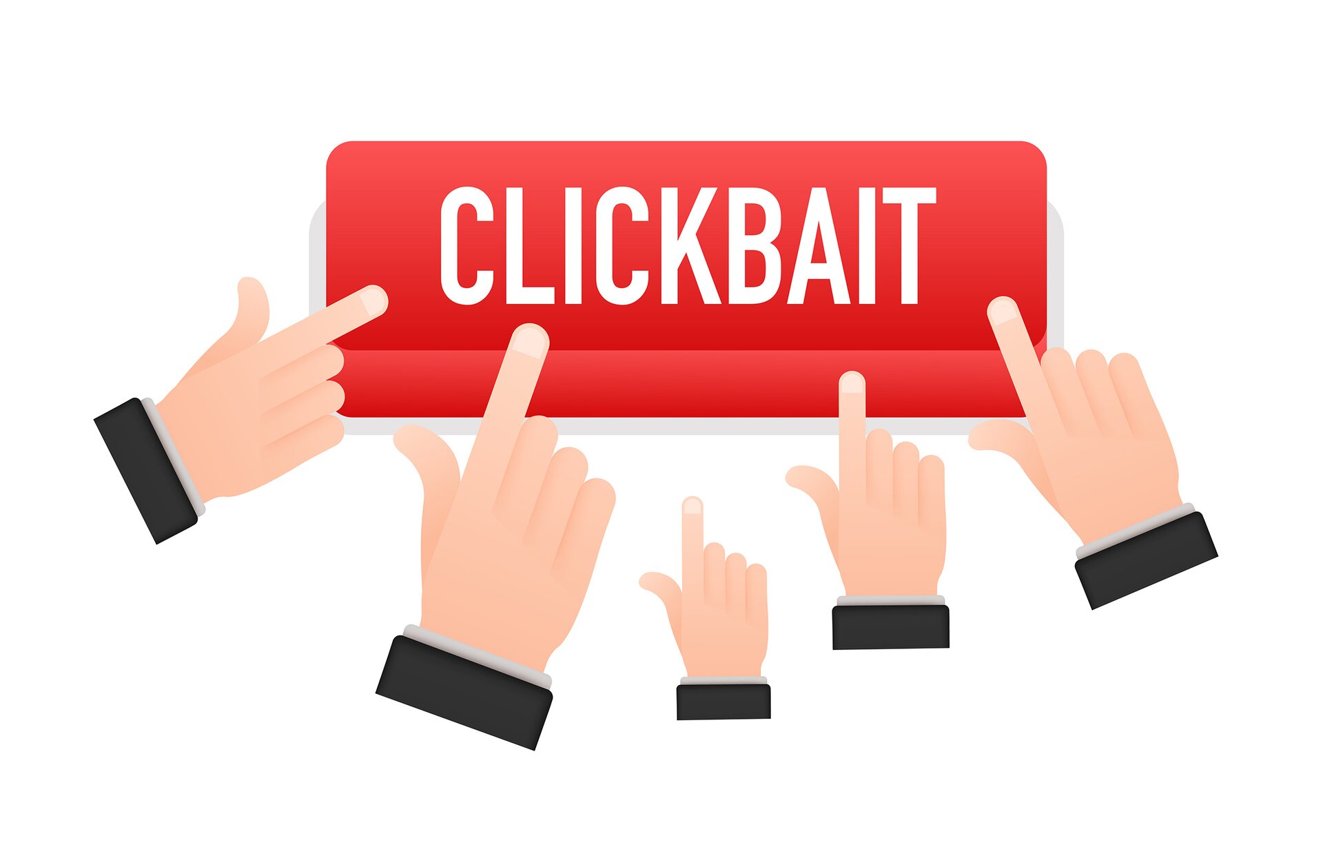 Ilustracja przedstawia pięć prawych dłoni, które palcem wskazującym naciskają przycisk: CLICKBAIT. Transkrypcja znajduje się poniżej. 