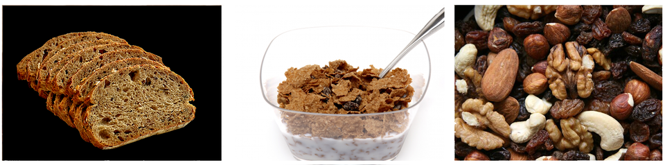 Trzy zdjęcia. Przedstawiają kolejno: kromki ciemnego chleba, ciemne musli w szklanej misce, różne rodzaje orzechów.  