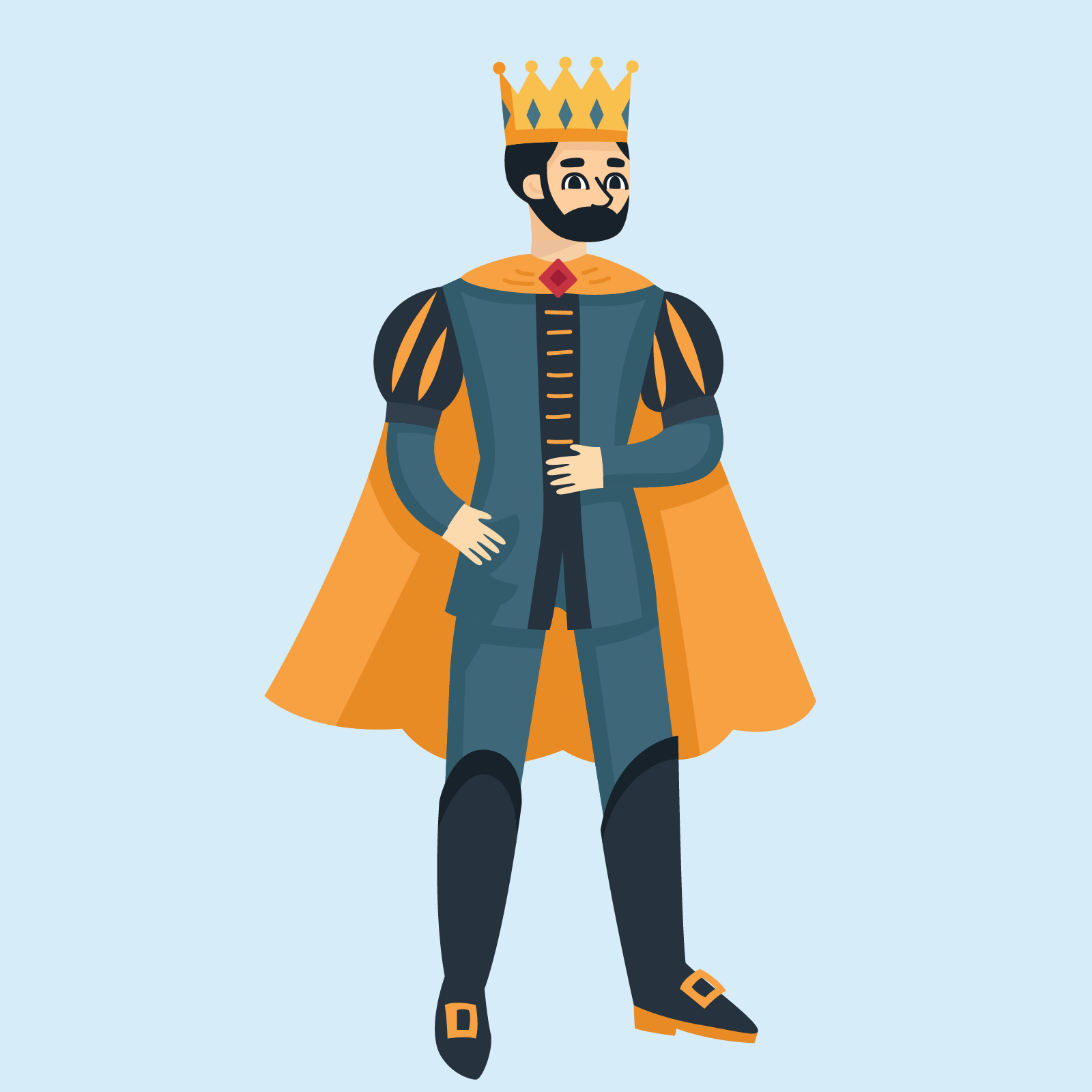 Ilustracja przedstawia wizerunek króla ubranego w bogato zdobione szaty i z koroną na głowie. 