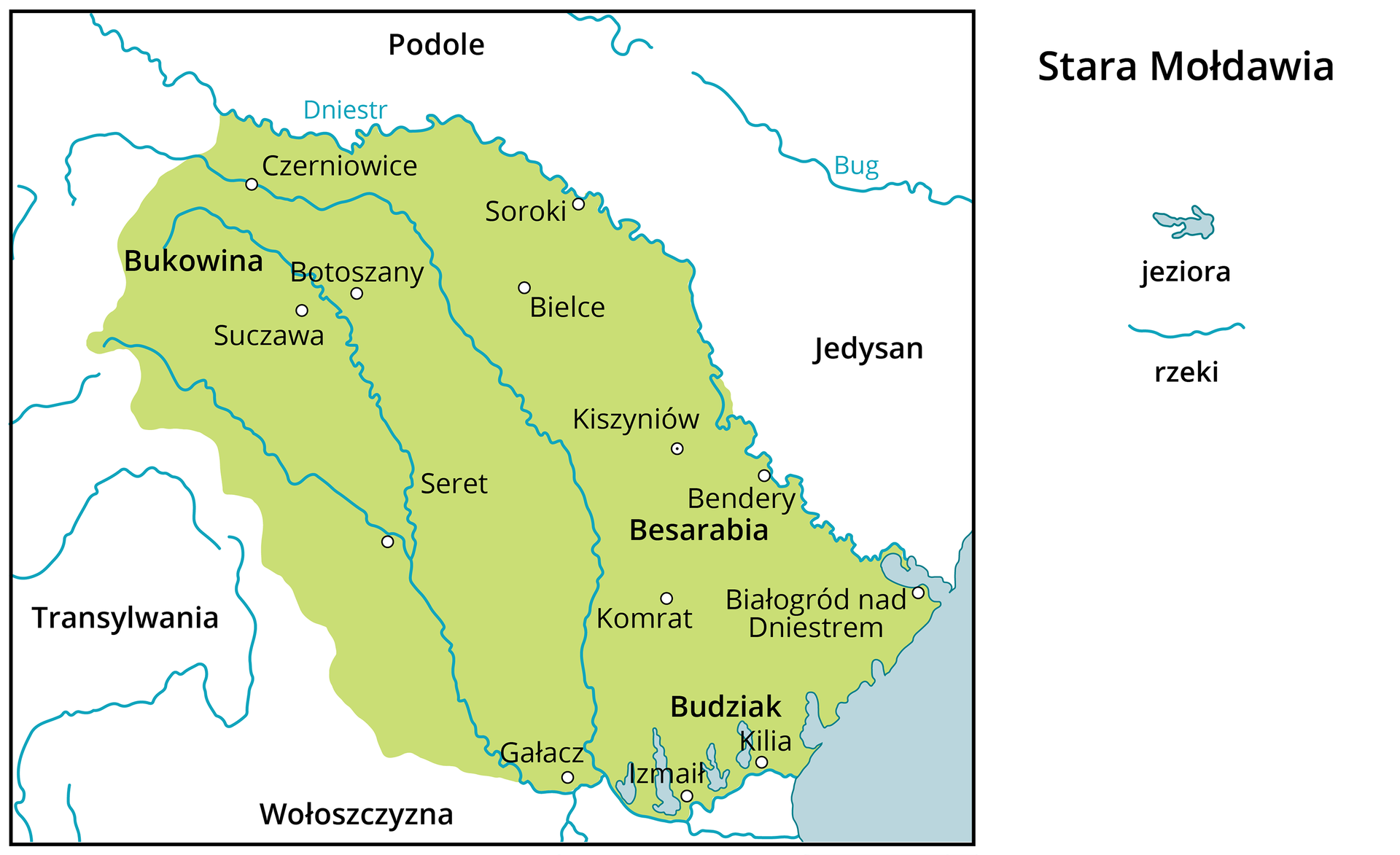 Mapa przedstawia Starą Mołdawię. Państwa sąsiadujące: Wołoszczyzna, Transylwania, Podole, Jedysan. Większe miasta na terenie Starej Mołdawii: Bukowina, Besarabia, Budziak. 