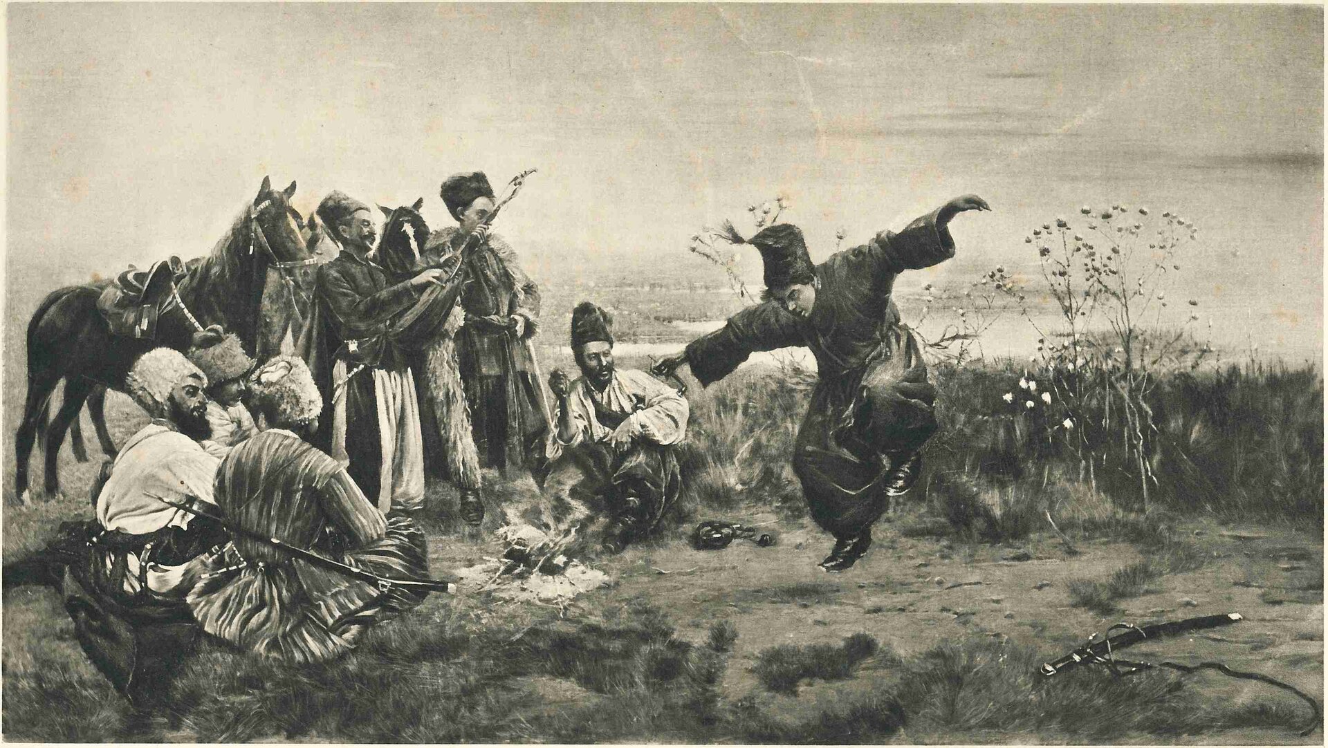 Ilustracja interaktywna przedstawia obraz „Taniec Kozaków”, autorstwa Stanisława Masłowskiego. Dzieło ukazuje grupę mężczyzn znajdujących się na dzikim stepie. Główna postać podskakuje wykonując taniec ludowy. Pozostali kozaccy przyglądają się mężczyźnie.  