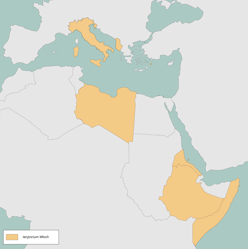 Mapa, na której zaznaczone są Włochy oraz tereny na kontynencie Afrykańskim.