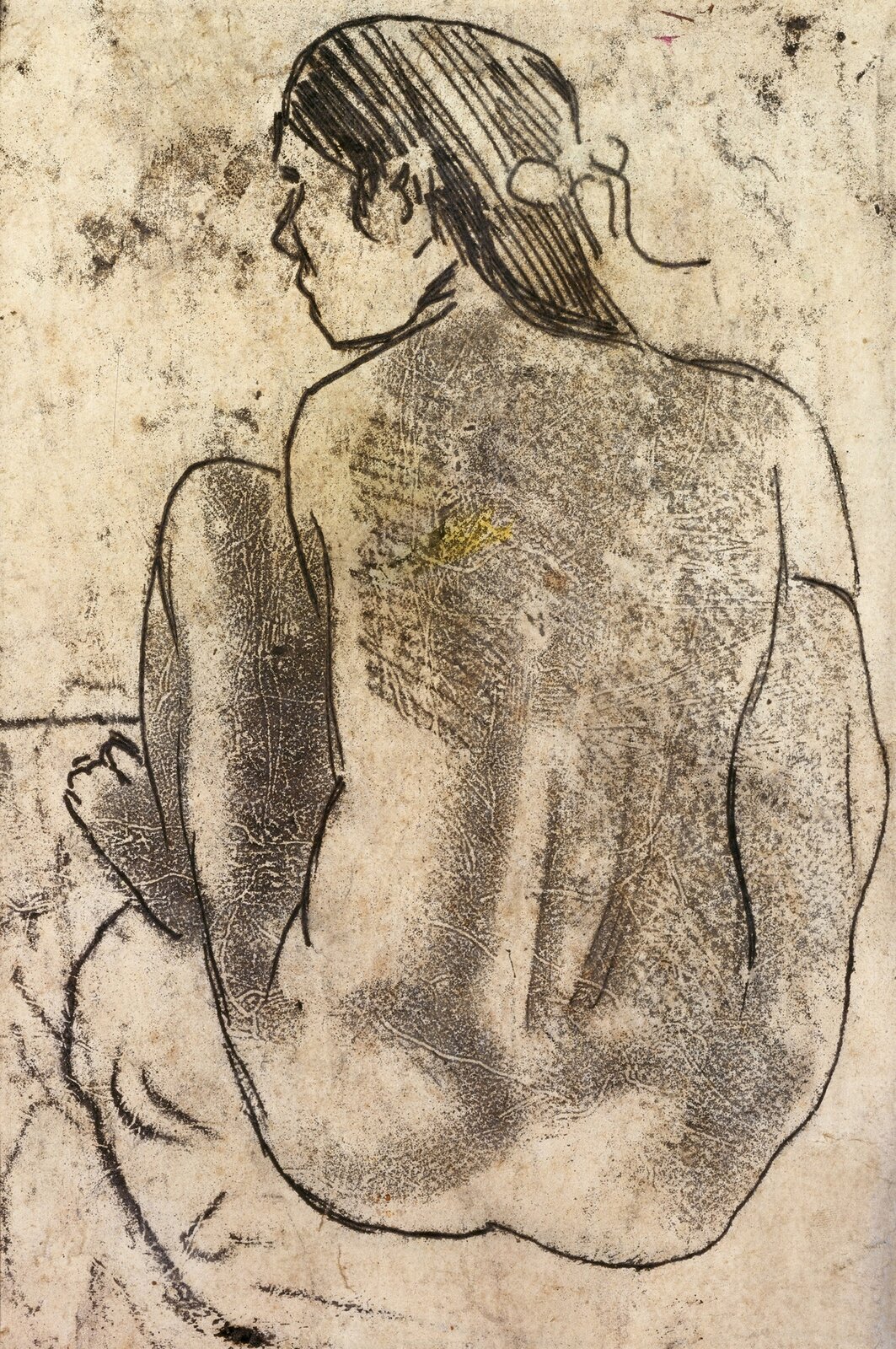 Ilustracja przedstawia rysunek Paula Gauguina „Siedząca tyłem naga Tahitanka”, Ukazuje odwróconą tyłem do widza kobietę z głową, skierowaną w lewą stronę. Praca jest wykonana w sepii.