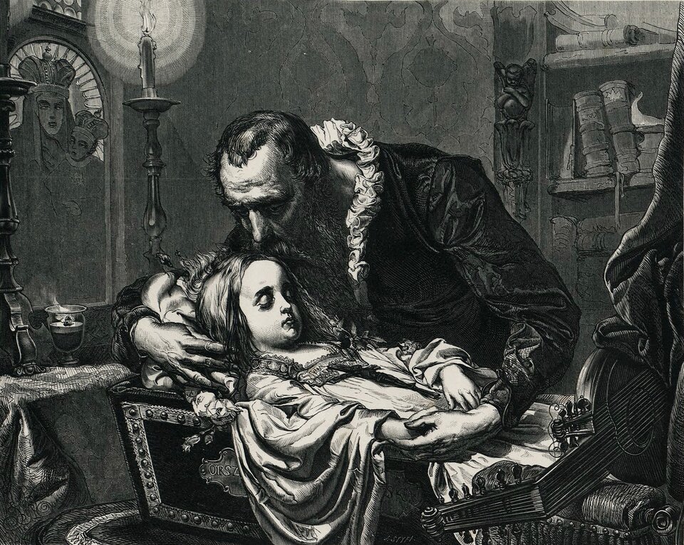 Czarno‑biały drzeworyt przedstawia niewielki pokój. Po prawej stronie znajduje się półka na książki. Przy niej na niewielkim gzymskiku stoi aniołek z założonymi na piersi rękami. Po lewej stronie wisi obraz Matki Boskiej w koronie z Dzieciątkiem Jezus, po bokach, na lichtarzach stoją dwie palące się świece i znicz na środku. W centrum obrazu znajduje się mała trumna z ciałem dziewczynki, która wygląda tak, jakby spała. Dziecko ma rozpuszczone, długie włosy, jest ubrane w obszerną sukienkę z lamówką przy dekolcie. Na piersiach leży krzyż, przy nogach lutnia. Przy trumnie siedzi mężczyzna i pochyla się nad zwłokami. Ma długą brodę, zakola na czole i prosty nos. Jest bardzo smutny. Całuje dziecko w czoło. Prawą ręką obejmuje głowę dziecka, a lewą trzyma prawą dłoń zmarłej. Jest ubrany w czarną szatę z gęsto marszczonym, białym kołnierzem. Na trumnie znajduje się, częściowo zakryty napis: Orsz... 