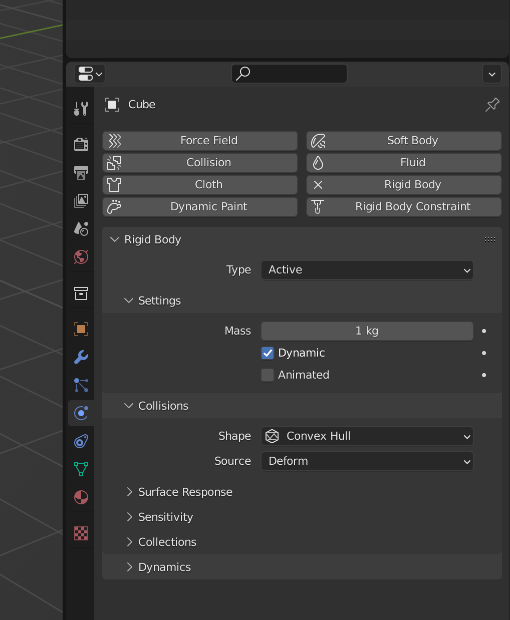 Zrzut ekranu przedstawia parametry komponentu Rigid Body. W rozwiniętej zakładce można zmienić typ, ustawienia takie jak masa oraz kolizje takie jak kształt czy źródło.