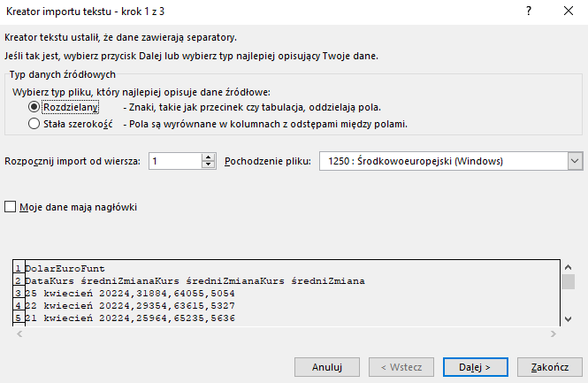 lustracja przedstawia okno programu zatytułowane Kreator importu tekstu, krok pierwszy z trzech. W typie danych źródłowych w opcji wybierz typ pliku, który najlepiej opisuje dane źródłowe wybrano opcję rozdzielany. W opcji rozpocznij import od wiersza, wybrano liczbę 1, w opcji pochodzenie pliku wybrano opcję 1250: Środkowoeuropejski, windows. Na dole okna zaznaczono opcję dalej. 