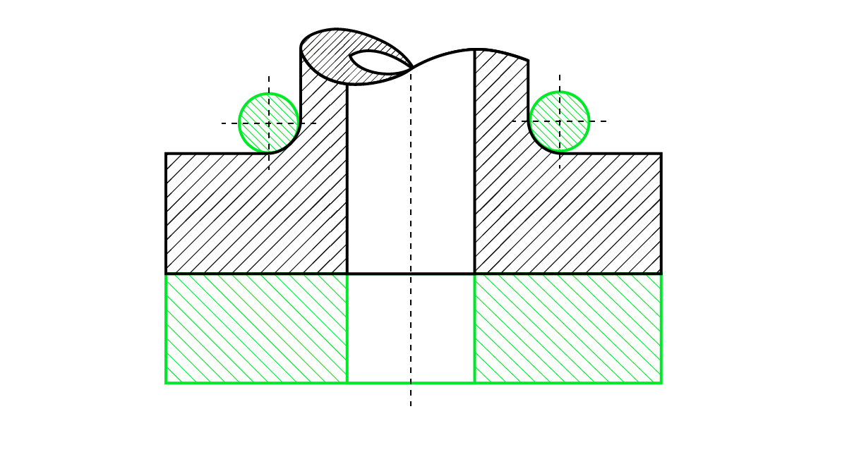 Ilustracja przedstawia rysunek techniczny ochładzalników zewnętrznych. Podstawę stanowi zielony prostokąt podzielony na trzy prostokąty, z których środkowy jest kwadratem. A dwa skraje są zakreskowane na zielono i są zorientowane tak, że ich dłuższe boki znajdują się w poziomie. Przez kwadrat znajdujący się na środku przechodzi pionowa przerywana linia poprowadzona nieco poniżej kwadratu i powyżej. Nad prostokątem rozmieszczona jest figura narysowana czarną kreską i również podzielona na trzy części. Środkowa posiada dwa boki będące przedłużeniami pionowo zorientowanych boków kwadratów. Górny bok stanowi krzywa – jest ona nieznaczeni wklęsła ku dołowi z lewej strony, następnie kieruje się łagodnie ku górze w prawą stronę, gdzie staje się wypukła ku górze. Ponad zielonym prostokątem znajdują się również po obu stronach środkowej omówionej już figury dwie zakreskowane na czarno figury. Po lewej stronie figura posiada lewy bok będący przedłużeniem lewego boku zielonego prostokąta. Bok ten łączy się w górnym końcowym punkcie z krzywą biegnącą poziomo i kierującą się następnie do góry, a następnie osiągającą pion. Figurę zamyka wklęsła krzywa łącząca się z krzywą ograniczającą środkową figurę. Po prawej stronie znajduje się figura, której prawy bok jest przedłużeniem prawego zorientowanego pionowo boku dolnego prostokąta. Od punktu końcowego stanowiącego koniec boku, w jego górnej części poprowadzona jest krzywa w lewą stronę. Krzywa ta biegnie poziomo, następnie kieruje się ku górze i zorientowana jest w tej części pionowo. Jej koniec łączy się z punktem znajdującym się w prawym, górnym wierzchołu środkowej figury. Z lewej i prawej strony na krzywych osadzone w wyokrągleniach dwa zakreskowane na zielono koła z zaznaczonymi środkami, przez które przechodzą pionowe i poziome przerywane linie. 