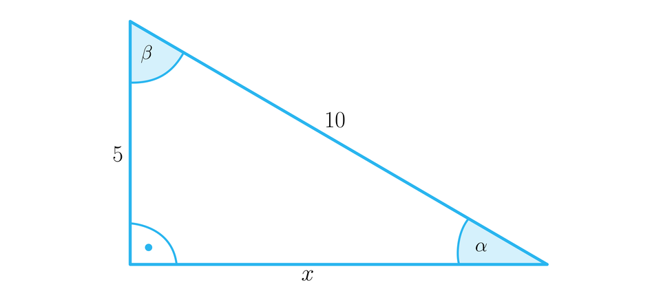Rysunek przedstawia trójkąt prostokątny o podstawie x, pionowej przyprostokątnej o długości pięć oraz o przeciwprostokątnej o długości dziesięć. Na rysunku zaznaczono również kąty wewnętrzne trójkąta. Kąt prosty między podstawą a bokiem o długości pięć, kąt alfa między przeciwprostokątną a podstawą oraz kąt BETA między przyprostokątną a bokiem o długości pięć.