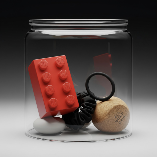 Szklane naczynie z różnymi przedmiotami: klocek LEGO, jajko, dwie gumki do włosów i korek.