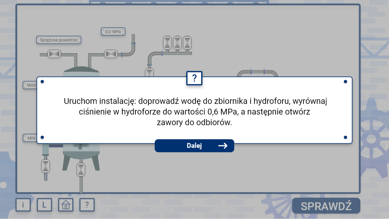 Grafika przedstawia widok na przykładowe polecenie wyświetlające się po uruchomieniu symulatora. Polecenie znajduje się w prostokątnym oknie. Poniżej widać strzałkę z napisem dalej. W tle widać wygaszony symulator.