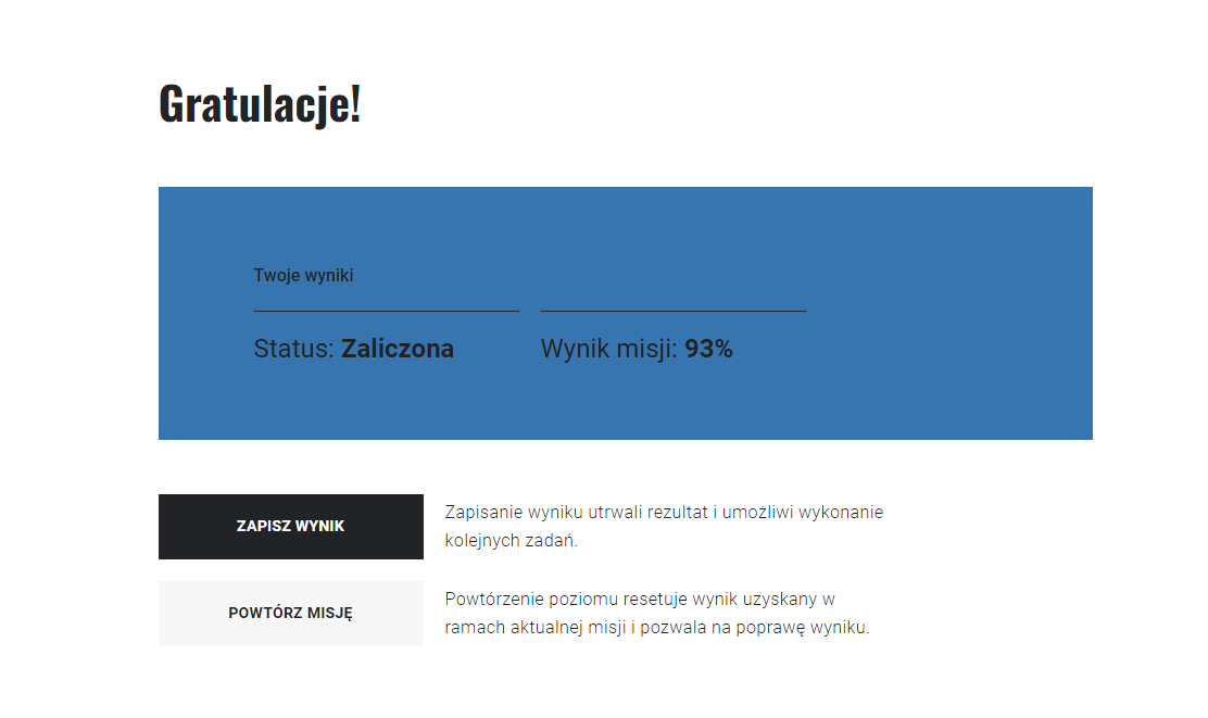 Widok podsumowania z wynikiem misji
