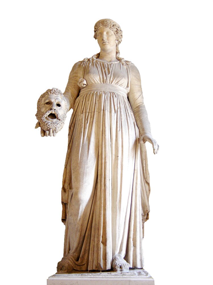 Melpomene Wyobrażenie Melpomene. Dziś rzeźba ta (być może pierwotnie znajdująca się w rzymskim teatrze Pompejach) jest eksponatem w muzeum w Luwrze w Paryżu. Źródło: Melpomene, Muzeum Luwru, licencja: CC BY-SA 2.5.