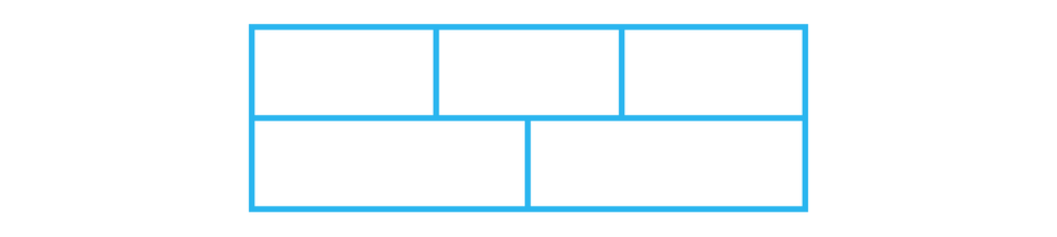 Ilustracja przedstawia jeden duży prostokąt zbudowany z pięciu mniejszych. Są one podobne do rozkładu cegiełek w murze. Dwa większe znajdują się w dolnej części dużego prostokąta. natomiast trzy takie same mniejsze znajdują się nad nimi.