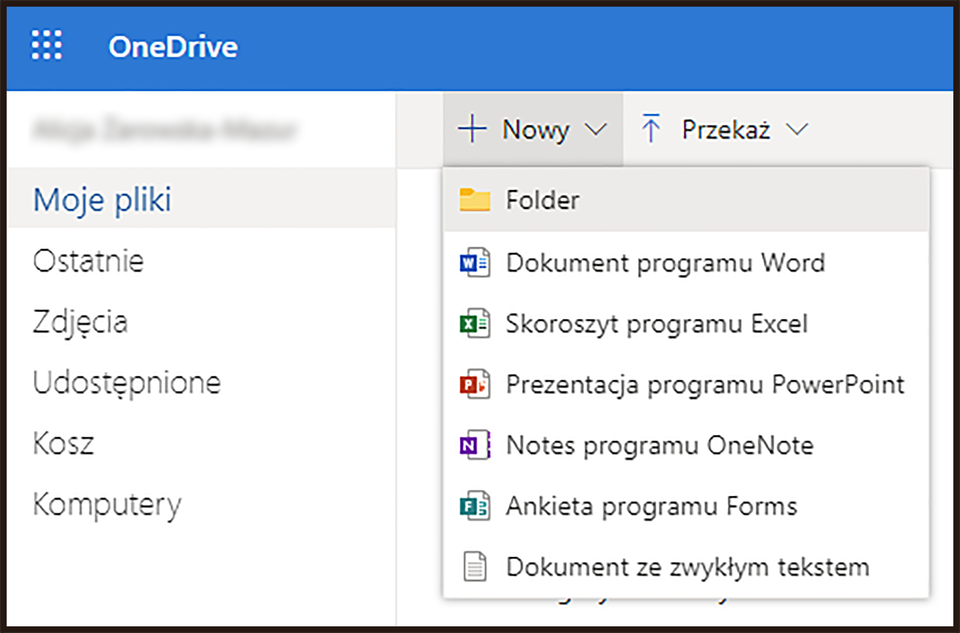 Ilustracja przedstawiająca okno OneDrive. Po lewej kolumna z menu. Pozycje menu to: Moje pliki, Ostatnie, Zdjęcia, Udostępnione, Kosz oraz Komputery. Po prawej na górze znajdują się dwie opcje: Nowy i Przekaż. Wybrano Nowy. Pod opcją Nowy znajduje się lista z rodzajami plików do utworzenia. Wybrano pierwszą opcję, czyli Folder. 