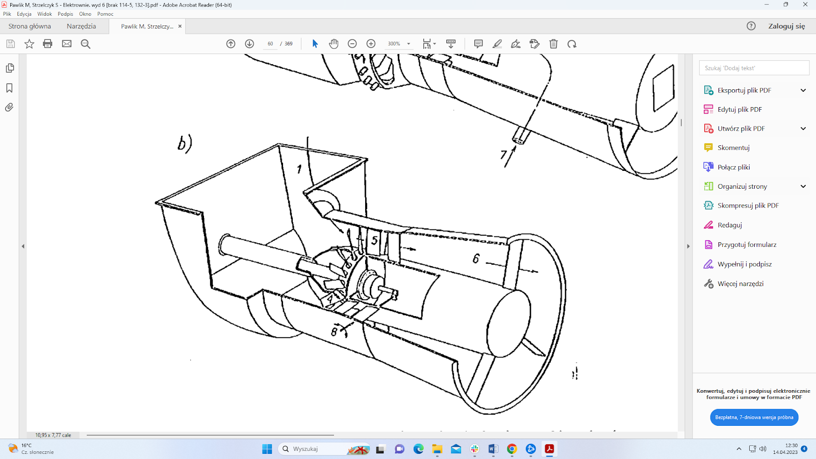 Rys. 17.5. Przykładowy schemat wentylatora osiowego reakcyjnego: 1. króciec ssawny; 4. nastawienie łopatki wirnika; 5. łopatki kierownicze stałe; 6. dyfuzor; 8. mechanizm sterowania kątem ustawienia łopatek wirnika