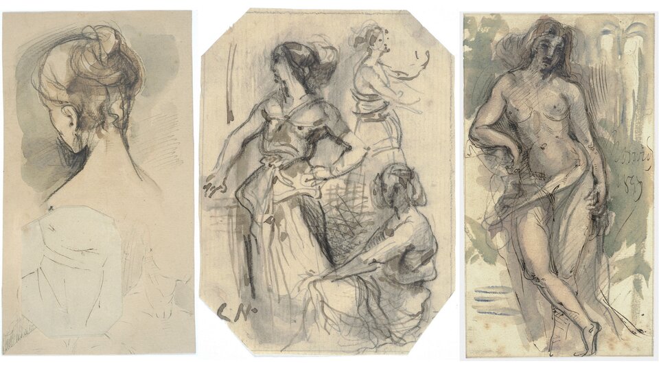 Ilustracja przedstawia trzy szkice. Pierwszy ukazuje od tyłu głowę kobiety z wysoko upiętymi na głowie włosami. Drugi szkic prezentuje trzy kobiety. Dwie z nich stoją, trzecia siedzi. Trzeci szkic ukazuje stojącą, nagą kobietę, która wspiera prawą rękę na postumencie.