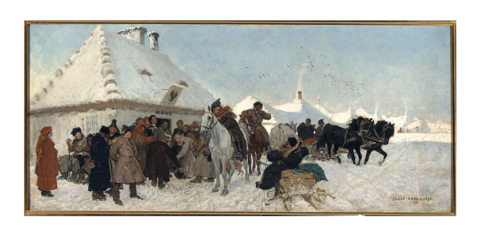 Obraz przedstawia zimowy pejzaż. Na pierwszym planie ukazane są sanie zaprzężone w jednego konia. Powozi nimi brodaty mężczyzna ukazujący lewy profil. Jest ubrany w długi płaszcz podszyty futrem. Na głowie ma kapelusz. Spod płóz sań pryska śnieg. W jego stronę podążają dwaj jeźdźcy. Są to mężczyźni w sile wieku. Jeden ma okazałe wąsy i kapelusz nasunięty głęboko na głowę. Jego plecy okrywa peleryną. Drugi jeździec ma ciemną karnację i czapkę na głowie. Jest ubrany w długi płaszcz. Zza pleców jeźdźców wyłaniają się duże sanie zaprzężone w parę koni. Zwierzęta pochylają głowy. Powóz hamuje. W saniach zasiada mężczyzna. Po lewej stronie jest duża grupa ludzi. Są to osoby w różnym wieku, ubrane w długie, ciepłe płaszcze. Kobiety mają chustki na głowach. Na ich twarzach maluje się oczekiwanie. Postaci są zebrane wokół mężczyzny, który ma na szyi gruby złoty łańcuch. W dłoniach trzyma dokument. Mężczyzna jest ubrany w ciemną szatę. Postać wychodzi z niewielkiej, drewnianej chaty. Nad wejściem umieszczona jest tablica z wizerunkiem czarnego orła z rozpostartymi skrzydłami. W głębi ukazane są drewniane chaty z dachami pokrytymi śniegiem. Z kominów wydobywa się dym. Nad chatami fruwają ptaki. W tle błękitne niebo.