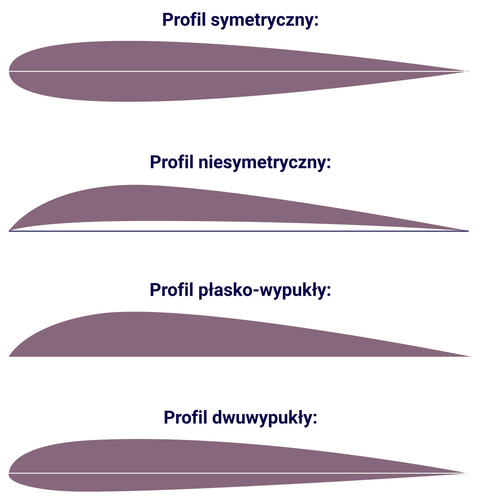 Na ilustracji przedstawiono 4 typy profili lotniczych. Profil symetryczny ma kształt wydłużonego migdała usytuowanego poziomo o zaokrąglonym przodzie o szpiczastym tyle. Jest symetryczny względem poziomej osi przebiegającej wzdłuż profilu.Profil niesymetryczny ma zarówno dolną jak i górną powierzchnię wybrzuszoną w górę.Profil płasko wypukły ma górną powierzchnię wybrzuszoną ku górze, a dolna powierzchnia jest prosto ścięta.Profil dwuwypukły ma wybrzuszoną górną powierzchnię w górę, a dolną w dół, ale nie jest symetryczny względem poziomej osi go przecinającej.