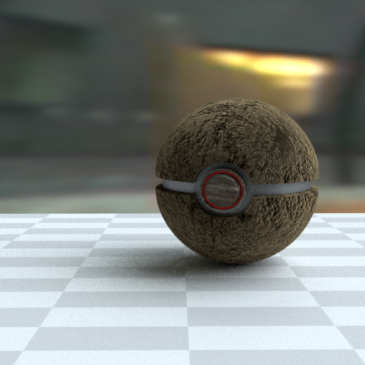Render  przedstawia kulę stojącą na szaro‑białej szachownicy.  Kula ta to pokeball stworzona z materiału przypominającego futro o kolorze brązowym.  Na środku pokeballa znajduje się czerwony okrąg.