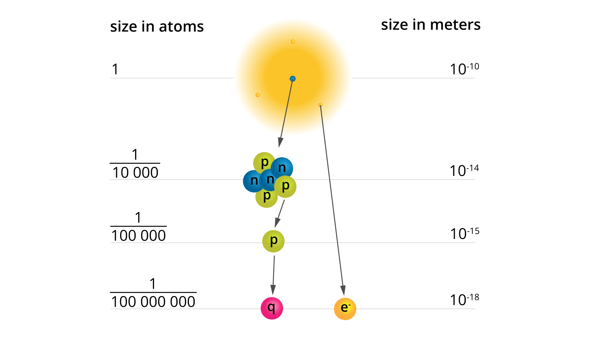 W środkowej części rysunku umieszczone są jeden po drugim symbolicznie narysowane w postaci kółek: atom, protony i neutrony zbite w jądro atomowe, proton oraz równolegle umieszczone na tej samej linii kwark oraz elektron. W lewej części rysunku zaznaczone są rozmiary poszczególnych elementów, opisane size in atoms, odniesione do rozmiaru atomu. Rozmiar atomu oznaczony jest jako 1, protonów i neutronów zbitych w jądro atomowe ułamek 1 przez 10000, protonu ułamek 1 przez 100000, kwarku i elektronu ułamek 1 przez 100000000. Po prawej stronie rysunku te same wymiary wyrażone w metrach opisane size in meters. Rozmiar atomu oznaczony jest jako 10 do potęgi minus 10, protonów i neutronów zbitych w jądro atomowe 10 do potęgi minus 14, protonu 10 do potęgi minus 15, kwarku i elektronu 10 do potęgi minus 18.