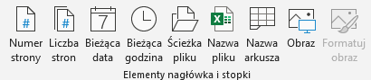 Ilustracja przedstawia  wstążkę, na której jest kilka ikon. Dotyczą one kolejno: Numeru strony, Liczby stron, Bieżącej daty, Bieżącej godziny, Ścieżki pliku, Nazwy pliku, Nazwy arkusza, Obrazu, Formatowania obrazu (ikona nieaktywna). Poniżej ikon napis: Elementy nagłówka i stopki. 