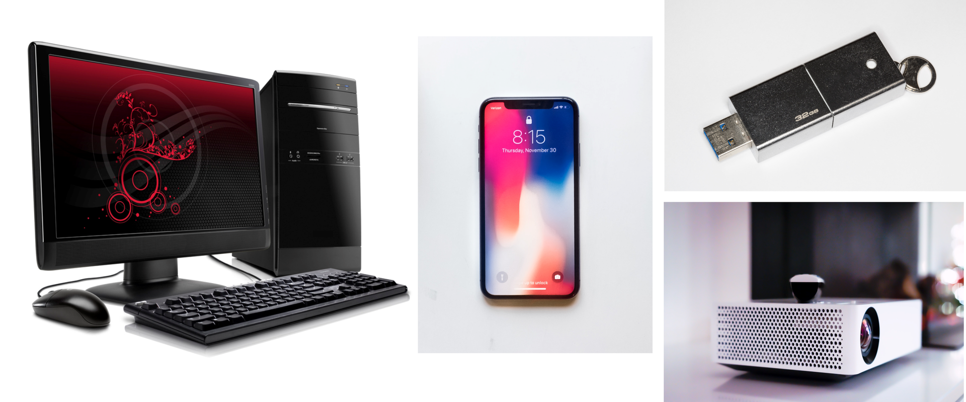 Ilustracja składa się z czterech zdjęć. Pierwsze zdjęcie przedstawia zestaw komputerowy ze stacją dysków, monitorem, klawiaturą i myszką. Drugie zdjęcie przedstawia telefon komórkowy. Następne zdjęcie przedstawia pendriva. Ostatnie zdjęcie przedstawia projektor.