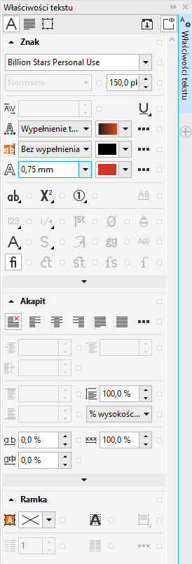 Zrzut ekranu przedstawia okno właściwości o nazwie: Właściwości tekstu.  znajdują się w nim wszystkie opcje i narzędzia, które pomagają w edycji tekstu.