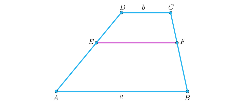 Na ilustracji przedstawiono trapez A B C D. Dłuższą podstawę oznaczono a, natomiast krótszą b. Różowym kolorem zaznaczono poziomy odcinek E F łączący ramiona trapezu.