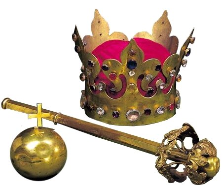 Zdjęcie przedstawia insygnia grobowe Kazimierza Wielkiego. Korona posiada w środkowej części czerwony materiał, a naokoło złotą obwódkę wysadzaną kamieniami. Berło jest złote i zakończone ozdobną główką w kształcie liści. Jabłko jest złote, okrągłe, u góry ma krzyż.