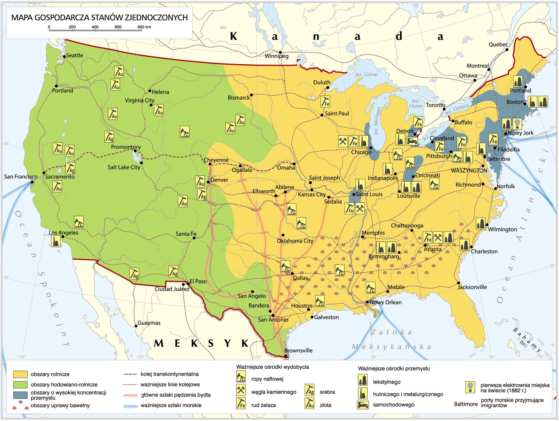 Grafika mapy przedstawiającej gospodarkę Stanów Zjednoczonych.