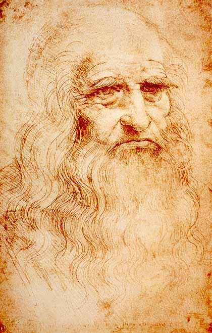 Obraz przedstawia szkic portretowy Leonarda da Vinci. Jest to stary człowiek o wydatnym łysym czole, długich włosach po bokach głowy. brodzie, wąsach, krzaczastych brwiach. Ma twarz zmęczoną, pełną zmarszczek.