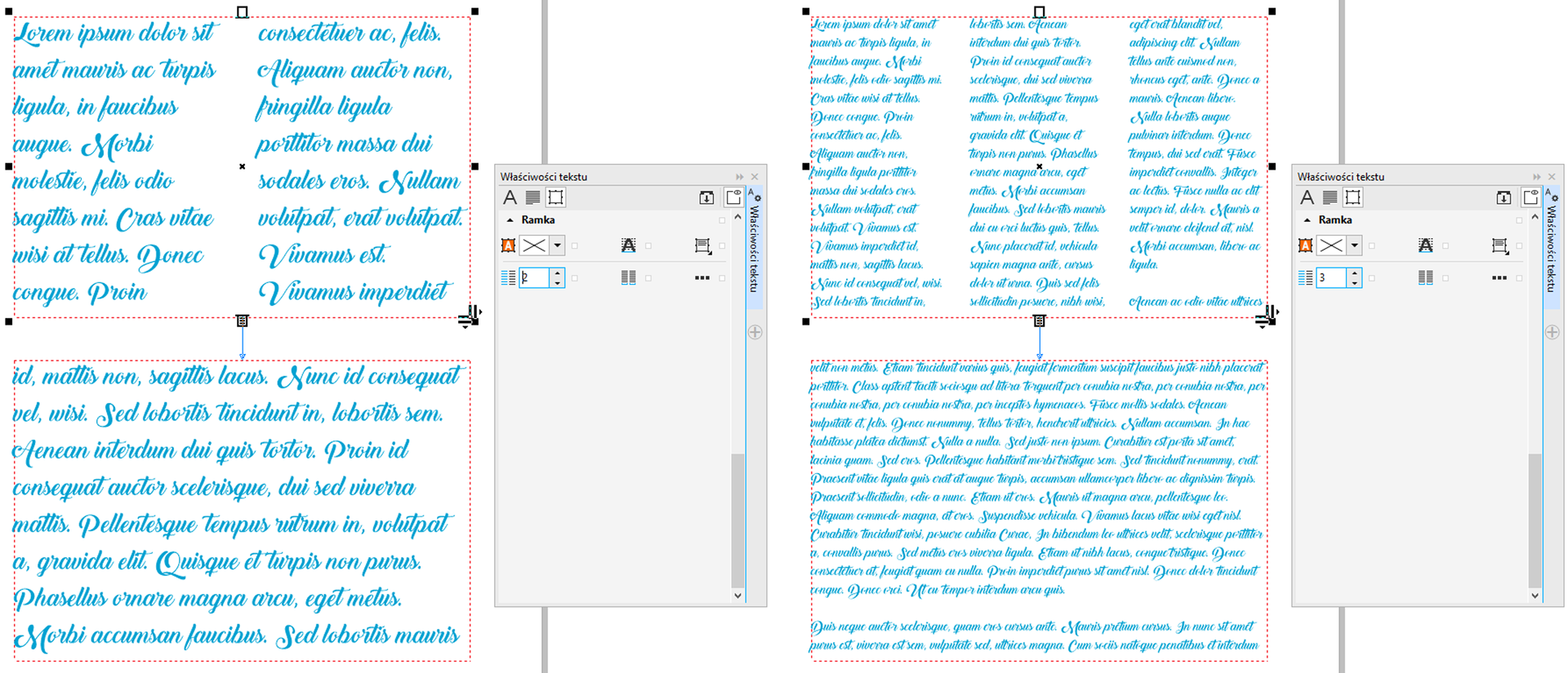 Zrzut ekranu przedstawia cztery ranki tekstowe z przykładowymi tekstami.  Dla pierwszych dwóch w oknie: Właściwości tekstu w liczbę kolumn wpisano: 2, a dla ostatnich dwóch wpisano 3.  Dzięki temu tekst w ramkach został podzielony na 2 oraz 3 kolumny.