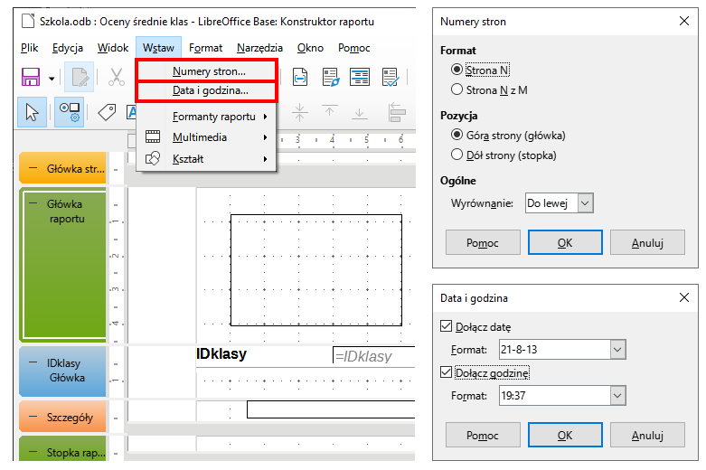 Zrzut ekranu przedstawia fragment dokumentu i paska menu w programie  LibreOffice Base . Wybrano zakładkę: Wstaw, w czerwonej ramce zaznaczono opcję menu: Numery stron oraz Data i godzina. Z prawej strony grafiki znajduje się okno programu zatytułowane Numery stron. W części: Format zaznaczona jest opcja: Strona N, a w części: Pozycja zaznaczona opcja: Góra strony (główka). W części Wyrównanie znajduje się wybrana opcja: Do lewej. Na dole okna znajdują się trzy prostokątne przyciski: Pomoc, OK i Anuluj. Poniżej znajduje się drugie okno programu zatytułowane Data i godzina. Opcja Dołącz datę jest zaznaczona znakiem wyboru, poniżej zaznaczony jest format daty: 21‑8-13. Pod spodem zaznaczona jest znakiem wyboru opcja Dołącz godzinę, poniżej zaznaczony jest format daty: 19:37. Na dole okna znajdują się trzy prostokątne przyciski: Pomoc, OK i Anuluj.