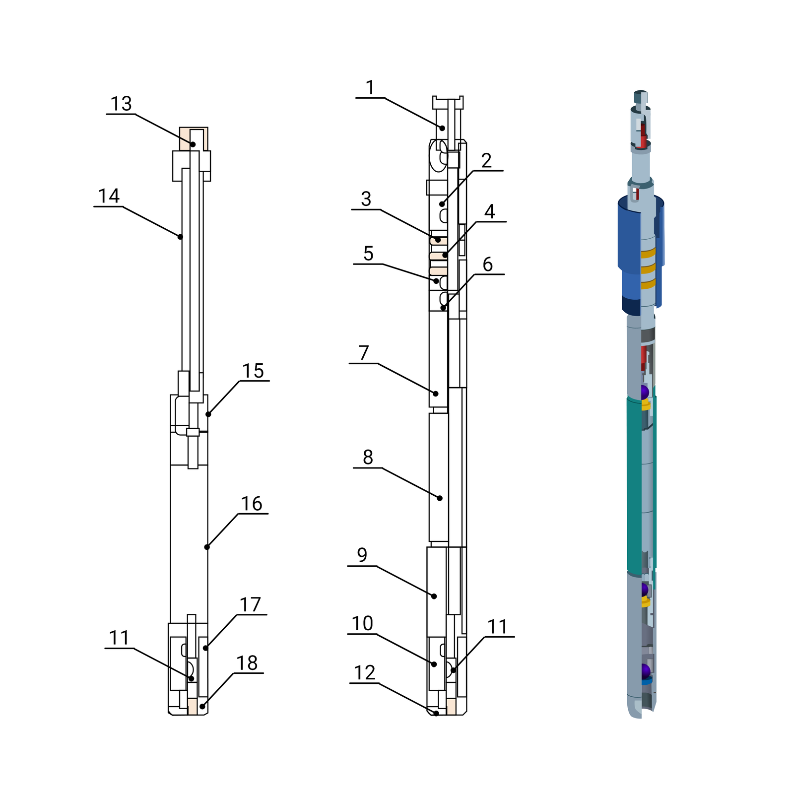 Na rysunku widać po lewej stronie dwa kolorowe schematy przedstawiające budowę pompy wpuszczonej (RHAC) oraz kolorowy model tej pompy widoczny po prawej stronie. Pompa wpuszczona jest to urządzenie w którym cylinder z tłokiem umieszczone są w rurach wydobywczych na określonej głębokości.Z lewej strony ekrany widać urządzenie które przypomina pałkę teleskopową. U góry pompy znajduje się prostokąt o orientacji poziomej w którym po lewej stronie jest wpisany mniejszy element prostokątny o orientacji pionowej. Przestrzeń pomiędzy prostokątami jest w kolorze łososiowym. Do mniejszego prostokąta dołączony jest punktor z przypisaną liczbą 13 oznaczającą złączkę żerdzi. Górne elementy są osadzone na prostokącie o orientacji pionowej. Od górnej krawędzi prostokąta odchodzi pionowo w dół cienki podłużny prostokąt o orientacji pionowej. Prostokąt jest wpisany w szerszy prostokąt który rozpoczyna się w połowie długości boku prostokąta znajdującego się u góry. Do lewej krawędzi bocznej wewnętrznego prostokąta przypisano liczbę 14 oznaczającą łącznik. Łącznik osadzony jest na szerszym prostokącie w którym górna cześć stanowiąca około jedną piątą całości elementu podzielona została przez niewielki podłużny prostokąt o orientacji pionowej na cztery części. Do prawej zewnętrznej krawędzi w górnej części elementu przypisana została liczba 15 oznaczająca obudowę górną tłoka. Poniżej, główną część elementu stanowi prostokątny kształt bez jakiegokolwiek elementu. Do kształtu tego przypisany jest punktor oznaczający liczbę 16 czyli tłok. Dolna cześć elementu stanowi jedną piąta długości dolnej części pompy. W jej górnej części znajduje się podłużny prostokąt o orientacji poziomej który łączy zewnętrzne krawędzie obudowy tłoka. Od dolnej krawędzi prostokąta odchodzi pionowo w dół cienki prostokąt o orientacji pionowej podzielony na cztery części. Do środkowej części przypisana została liczba 11 oznaczająca gniazdo i kulę. Do utworzonego przez podział prawego prostokąta przypisana została cyfra 17 czyli obudowa zaworu tłoka. Dolna część prostokąta po lewej stronie przedzielona została cienką liną łączącą boki elementu. Stworzyło to niewielki prostokąt o orientacji pionowej do którego przypisana została liczba 18 oznaczająca tuleję dociskową.Środkowy schemat pompy przedstawia urządzenie o kształcie cienkiego prostokąta o orientacji pionowej na którego górnej krawędzi znajduje się niewielki element o kształcie prostokątnym. Prostokąt ten jest węższy względem podstawy oraz posiada wpisany w środku cienki prostokąt o orientacji pionowej który łączy się z główną częścią pompy. Do przestrzeni pomiędzy wpisany prostokątem a zewnętrznym elementem przypisany jest czarny punktor z cyfrą 1 oznaczającą prowadnik żerdzi. Od cienkiego wpisanego prostokąta odchodzi pionowo w dół przez całą długość prostokąt o nieznacznie większej szerokości który będzie podzielony jest na dziewięć elementów z czego cztery elementy u dołu będą o niewielkiej długości. Po lewej stronie prostokąta wpisanego w zewnętrzny prostokąt, a krawędzią zewnętrznego elementu widać okrąg. Poniżej niego widać łososiowy prostokąt o orientacji poziomej poniżej którego znajduje się prostokąt o orientacji pionowej z przypisaną cyfrą 2 oznaczającą tuleję zaczepu. Pod tuleją z lewej strony elementu znajdują się trzy naprzemianległe cienkie białe prostokąty o orientacji pionowej leżące na zmianę z trzema cienkimi łososiowymi prostokątami o orientacji poziomej. Do pierwszego i drugiego łososiowego prostokąta od góry przypisane są kolejno cyfry 3 i 5 oznaczające odpowiednio pierścień wciskowy i tuleję dystansową. Poniżej tulei znajdują się dwa prostokąty z półokręgami widocznymi od strony prawych krawędzi prostokątów. Do górnego i dolego elementu przypisana jest odpowiednio cyfra 5 i 6 oznaczająca odpowiednio nakrętkę i łącznik cylindra. Pod łącznikiem cylindra znajdują się cztery podłużne prostokąty o orientacji pionowej z czego pierwszy z drugim prostokątem oraz drugi z trzecim jest przedzielony cienkim węższym elementem o kształcie prostokątnym. Do dużych prostokątów przypisane są kolejno cyfry od 7 do 10 oznaczające kolejno łącznik górny, cylinder, łącznik dolny oraz obudowę zaworu stopowego. Obok zaworu stopowego do niewielkiego prostokąta znajdującego się po środku przypisana jest liczba 11 oznaczająca gniazdo i kulę. Dolny niewielki prostokąt o orientacji poziomej widoczny w lewym dolnym rogu elementu oznaczony jest liczbą 12 oznaczającą złączkę sfazowaną. Elementy pomiędzy prawym bokiem wpisanego cienkiego prostokąta a prawą krawędzią zewnętrznego elementu to cienkie prostokąty o orientacji pionowej.Model w dolnej części zbudowany jest z szarej rury. W szarej części rury znajdują się dwa zgrubienia, a w nich niebieskie pierścienie z zieloną kulką. Dalej jest niebieska część, która jest zabudowana. Następnie znowu rura przybiera kolor szary, w tej części ponownie pojawia się niebieski pierścień z zieloną kulką. Widać tam mały fragment miedzianego druta przechodzącego przez środek aż do samej góry. Kolejny fragment jest jaśniejszy i ma trzy żółte paski. Jest na nim umiejscowiony zielony cylinder. U samej góry znajduje się szary fragment z małą główką
