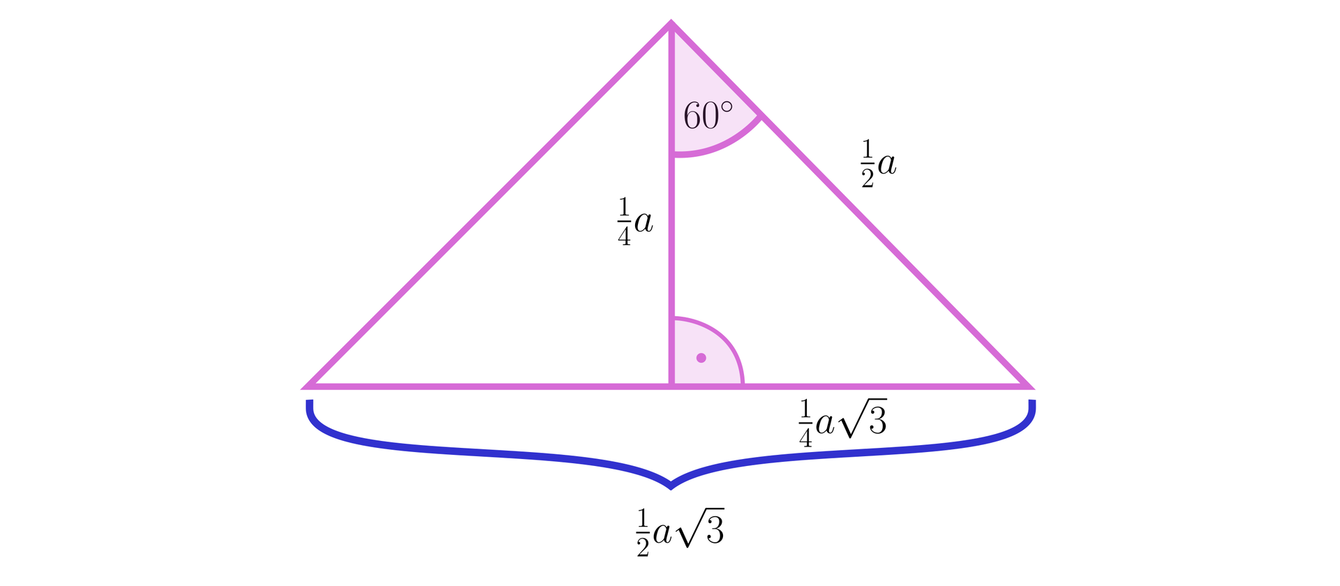 Ilustracja przedstawia trójkąt równoramienny, ramiona są podpisane 12a. Podstawa jest podpisana 12a3. W trójkącie narysowany wysokość, jest ona pod kątem prostym do podstawy i jest ona podpisana 14a. Wysokość dzieli podstawę na dwa odcinki o długości 14a3. Kąt między ramieniem a wysokością wynosi 60 stopni. 