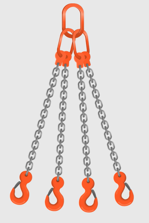 Grafika przedstawia zawiesie składające się z czterech  łańcuchów i czterech haków oraz ogniwa zbiorczego na górze, do którego wpięte są łańcuchy z hakami.