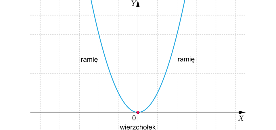 Ilustracja przedstawia poziomą oś X oraz pionowa oś Y. Na rysunku zaznaczono także wykres funkcji kwadratowej będącej parabolą o wierzchołku w punkcie nawias zero średnik zero koniec nawiasu oraz z ramionami skierowanymi do góry. 