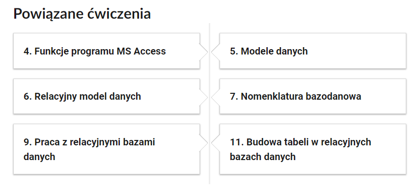 Widok przykładowego przycisku ćwiczeń powiązanych z danym multimedium. Składają się one z prostokątnych paneli umieszczonych jeden pod drugim. Każdy panel oznaczony jest numerem oraz tytułem, który nawiązuje do zawartego w nim zadania.