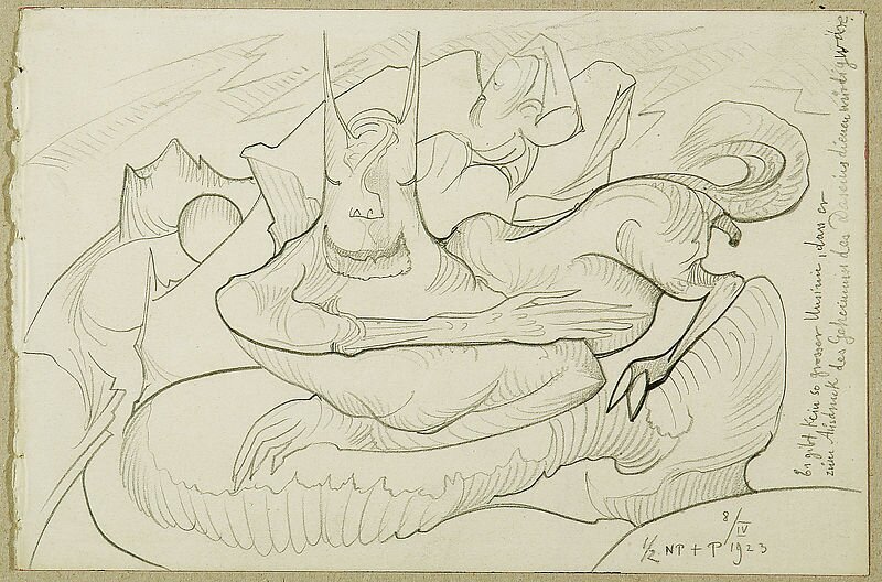 Rysunek przedstawia leżącego stwora. Jego ciało przypomina byka, a głowa konia ze spiczastymi uszami. Stwór ma przednie kopyta zakończone palcami.