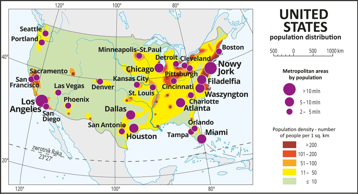 Ilustracja przedstawia mapę rozmieszczenia ludności w Stanach Zjednoczonych Ameryki Północnej. Przedstawiono na niej gęstość zaludnienia. Na wschodnich wybrzeżach przeważa gęstość zaludnienia w przedziale jedenaście do pięćdziesięciu osób na jeden kilometr kwadratowy. Wokół miast, które też przeważnie skupione są w tym rejonie, występuje duża gęstość zaludnienia, powyżej pięćdziesięciu osób na 1 kilometr kwadratowy. Na mapie różnej wielkości sygnatury (koła) obrazujące aglomeracje miejskie wg liczby mieszkańców: Nowy Jork, Los Angeles – powyżej dziesięciu milionów mieszkańców na 1 kilometr kwadratowy. Houston, Atlanta, Chicago, Waszyngton, Filadelfia, Miami – od pięciu do dziesięciu milionów mieszkańców na 1 kilometr kwadratowy. Kilkanaście mniejszych sygnatur oznaczających miasta o liczbie mieszkańców od dwóch do pięciu milionów mieszkańców. Dookoła mapy w białej ramce opisano współrzędne geograficzne co dwadzieścia stopni. W legendzie umieszczono i opisano znaki użyte na mapie. Tłumaczenie: Metropolitan areas by population, Population density - number of people per 1 square kilometers.