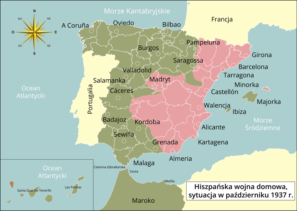 Mapa Półwyspu Iberyjskiego. Przedstawia hiszpańską wojnę domową, a konkretnie sytuację w październiku 1937 roku. Hiszpania jest podzielona na dwa terytoria. Są oznaczone kolorem zielonym i różowym. Kolor zielony obejmuje tereny zachodnie kraju oraz Maroko. Kolor różowy obejmuje tereny wschodnie wraz z Madrytem.
