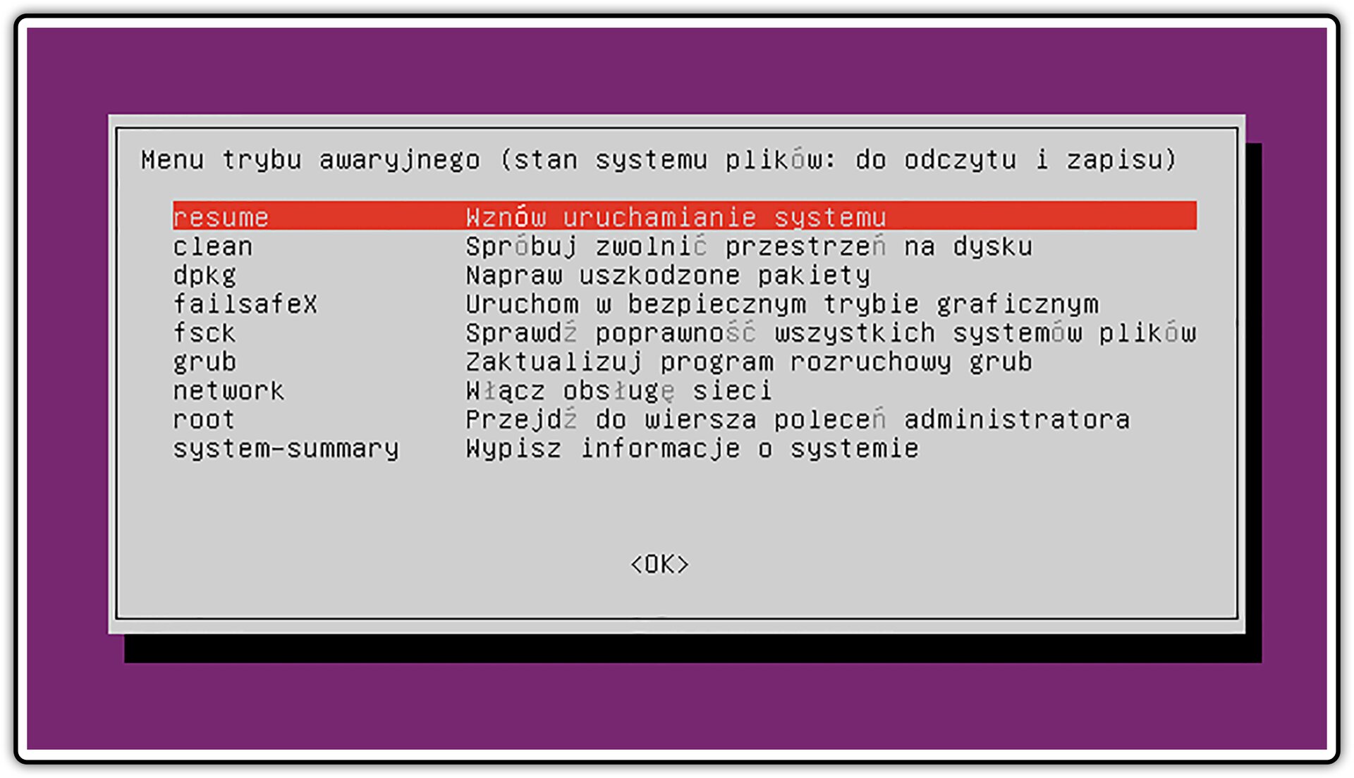 Zrzut okna menu trybu awaryjnego w systemie Linux Ubuntu z zaznaczoną opcją: Wznów uruchamianie systemu