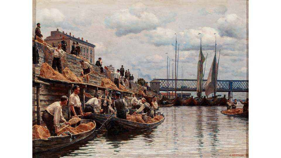 Obraz przedstawia rzekę. Przy brzegu po lewej są łódki wypełnione piaskiem. Stoją w nich robotnicy z łopatami. Dalej stoją drewniane rusztowania, na których są robotnicy przesypujący piasek. W tle obrazu są zacumowane łódki, most oraz niebo z chmurami.