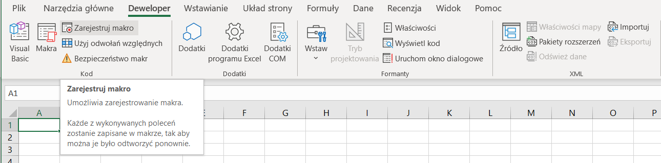 Ilustracja przedstawia fragment arkusza. W menu podkreślono Deweloper. Zaznaczono: Zarejestruj makro. Poniżej informacja: Zarejestruj makro. Umożliwia rejestrowanie makra. Każde z wykonywanych poleceń zostanie zapisane w makrze, tak aby można je było odtworzyć ponownie.   