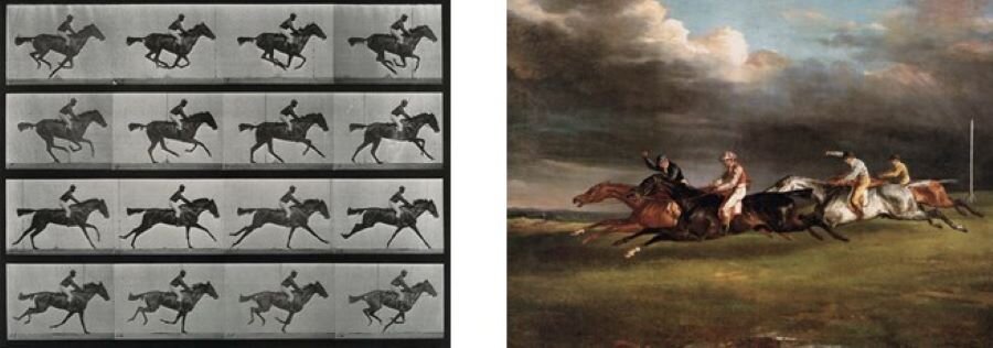 Ilustracja składa się a dwóch zdjęć przedstawiających konie w ruchu. Z lewej - cykl fotografii wykonanych podczas skoków i galopu konia z jeźdźcem. Z prawej - fotografia obrazu z jeźdźcami na koniach w galopie.