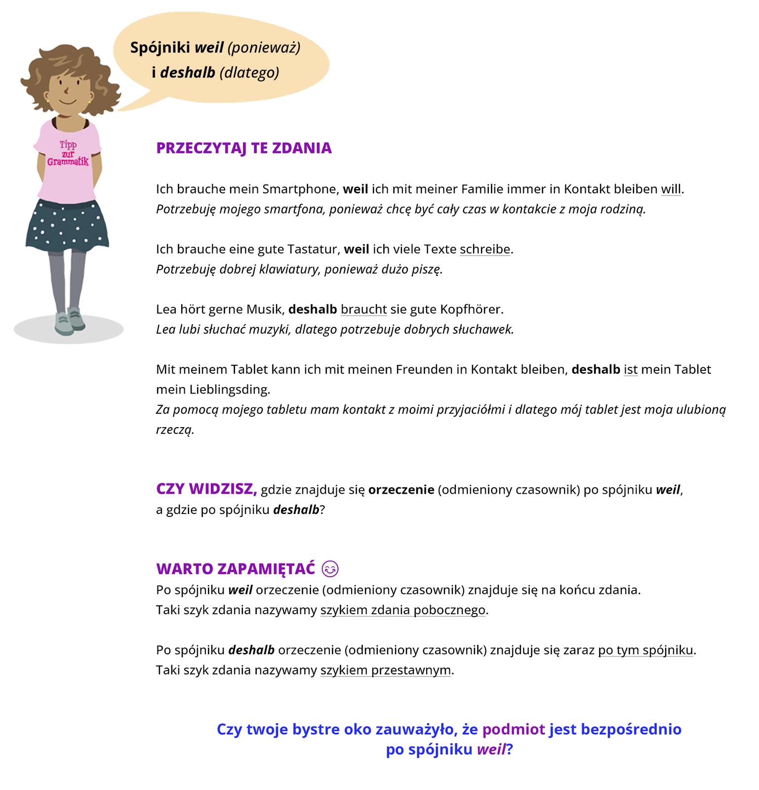 Ilustracja zawiera poradę językową.
Grafika przedstawia dziewczynkę ubraną w różową bluzkę z napisem Tipp zur Grammatik oraz w szarą spódniczkę w grochy. Dziewczynka mówi: Spójniki weil (ponieważ) i deshalb (dlatego).
Pozostałą część grafiki stanowi tekst, którego treść widoczna jest w trybie dostępności.