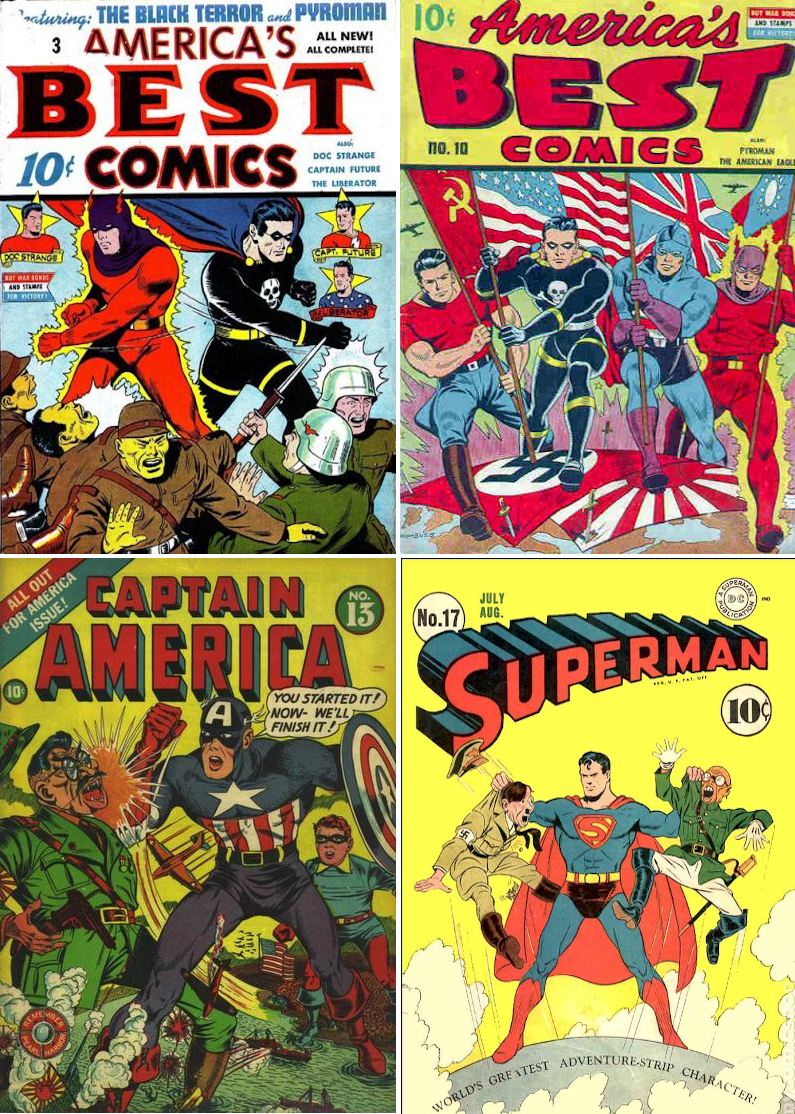 Ilustracje przedstawiają cztery okładki komiksów. Kapitan Ameryka, Supermen, Kapitan, Liberator. Na każdej z okładek super bohaterowie biją swoich przeciwników. Są to przedstawienia Hitlera, Chińczyków i innych, z którymi przyszło im stoczyć walkę. 