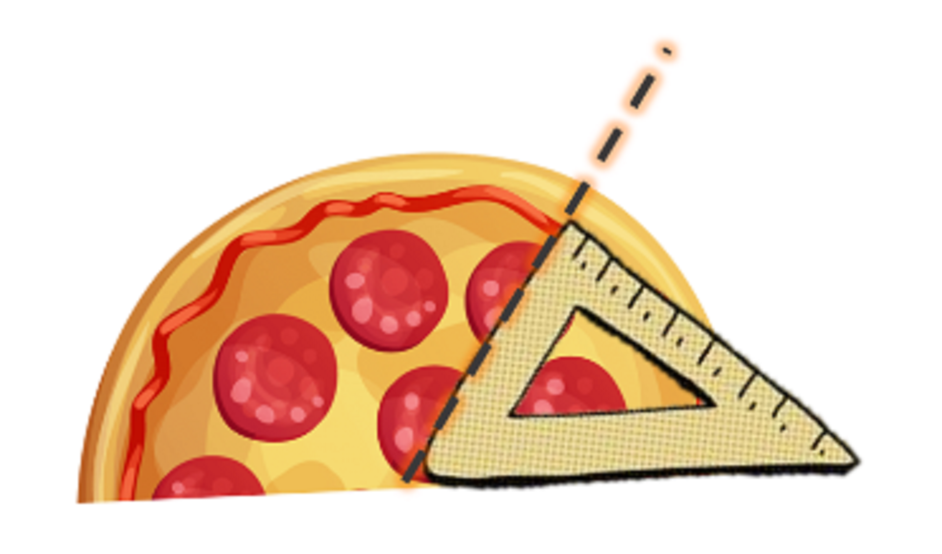 Ilustracja przestawia połowę pizzy, do której przyłożono ekierkę, która wyznacza pewną linię na pizzy narysowaną linią przerywaną.