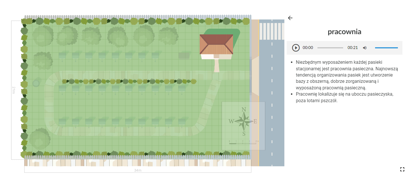 Grafika przedstawia widok na wybrany element ze schematu. Po wybraniu pracowni zostaje ona wyodrębniona na schemacie. Dodatkowo wyświetlają się informacje uzupełniające z nagraniem (plikiem audio) tożsamym z treścią.