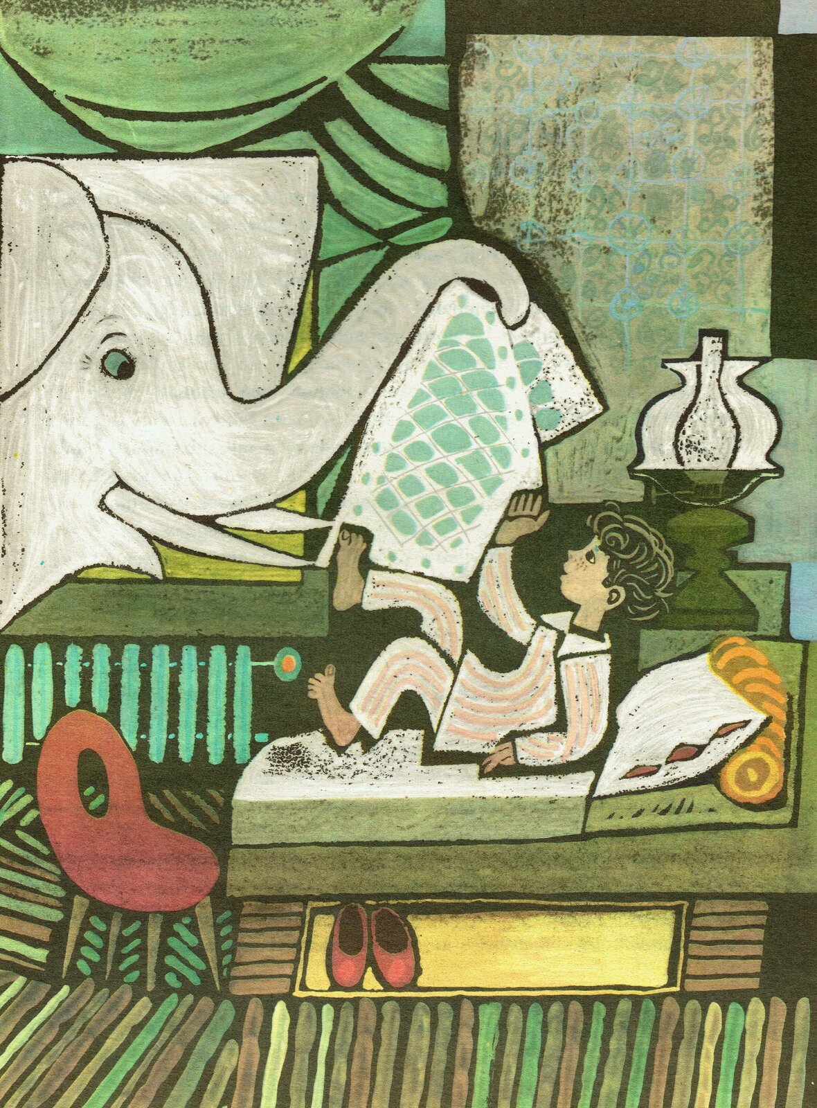 lustracja przedstawia pracę Zbigniewa Rychlickiego z książki Ludwika Jerzego Kerna "Proszę słonia". Ukazuje chłopca kładącego się do łóżka w swoim pokoju. Obok znajduje się słoń, który przykrywa chłopca kołdrą. W tle stoi lampa.